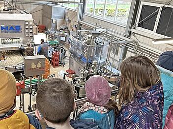 Besonders spannend fanden die Kinder, dass zwischen den Anlagen Arbeiter beispielsweise Flaschen verschließen, die von der Maschine ausgestoßen werden.