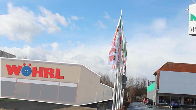 Direkt neben Schuh-Mücke (rechtes Gebäude) soll in der Boschstraße ein Outlet der Firma Wöhrl entstehen. Aktuell verkauft dort Aro noch Teppiche.  Foto: Roepert / Montage: Carolin Höfler (FT)