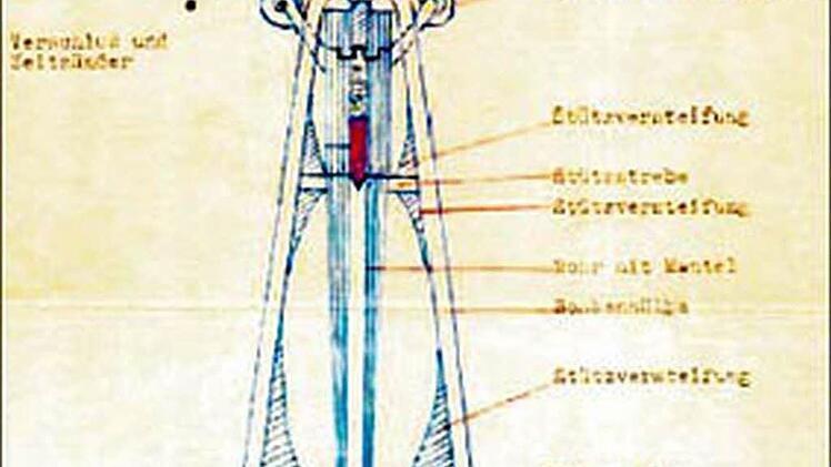 Die Echtheit der kleinen Zeichnung rechts ist umstritten: Sie zeigt den Bauplan der Hiroshima-Bombe; entworfen in Deutschland um 1942.