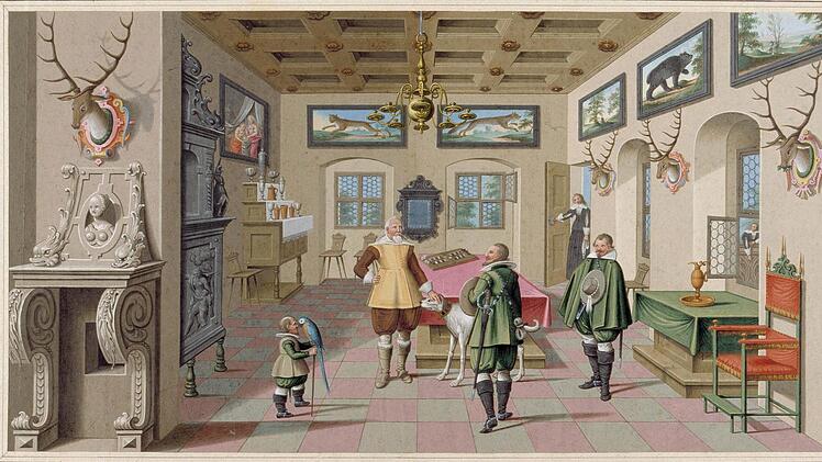 Johann Casimir Herzog von Sachsen-Coburg empfängt seinen Jägermeister zum Rapport (Kopie aus dem "Jüngeren Jagdbuch" von Wolfgang Birckner, um 1640, Feder, Pinsel, Deckfarben).