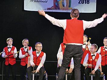 Das "Luftpumpenorchester" des Jugendelferrats der Faschingsgesellschaft mit ihrem "Dirigenten" Pascal Ströhlein bei der 34. Oberfränkischen Nachwuchs-Sitzung in Schönwald begeisterte auf der Bühne. Foto: privat