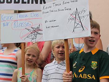 Mit selbst gemalten Plakaten empfangen Meike (von links), Robin und Finn aus Römershag den Ministerpräsidenten Horst Seehofer in Bad Brückenau. Foto: Ulrike Müller