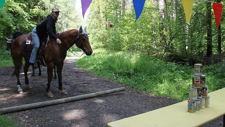 Margit Hempfling beim Dosenwerfen: Wallach "Red Fox" bleibt ruhig, obwohl es scheppert.  Fotos:  Anna Lienhardt