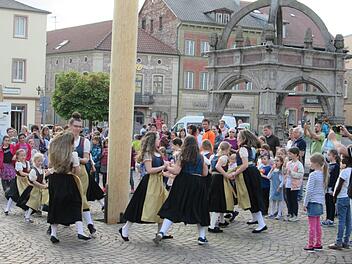 Der Nachwuchs der Volkstanzgruppe Völkersleier begeisterte bei der Aufstellung des Zunftbaumes  mit historischen Tänzen. Winfried Ehling