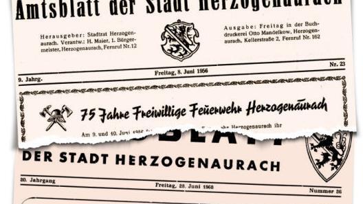 Zwei Amtsblätter aus den Jahren 1956 und 1968 beweisen: Die Feuerwehr "alterte" in nur zwölf Jahren um ein Vierteljahrhundert (Quelle: Archiv Georg Peetz). Die beiden kleinen Fotos zeigen die Festabzeichen aus den beiden Jahren .
