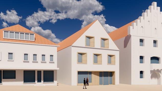 Ein Gesims soll jetzt die Fassade des Bürgerhauses (Mitte) gliedern. Foto: Visualisierung/Raum3 Massari und Partner;SRAP
