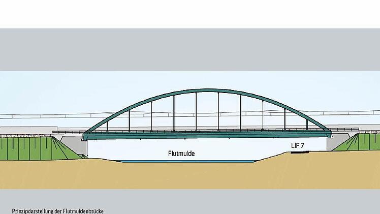 Auch die Brücke über die Flumulde des Mains wird eine Stabbogenbrücke. Grafik: DB AG