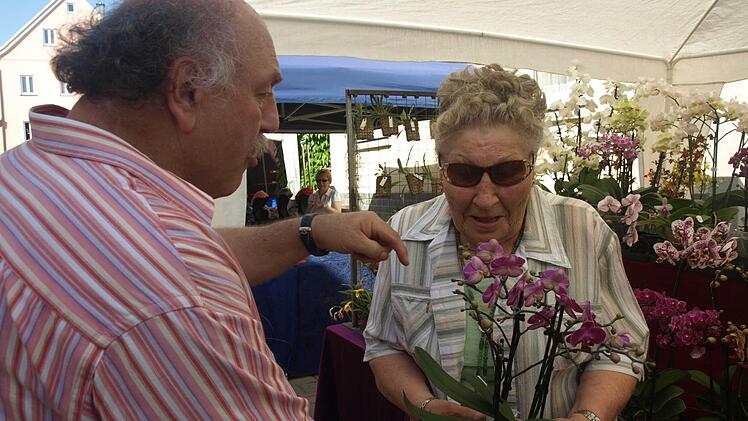 Züchter Kurt Beck erklärt Elvira Stockheimer beim Ebenhäuser Pfingstmarkt, wie die Pflege von Orchideen funktioniert.  Fotos: Stefan Geiger