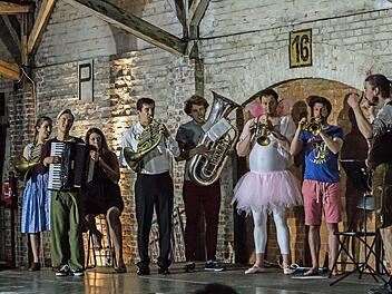 Wenn mitreißende Musizierfreude auf überbordende komödiantische Begeisterung trifft: Das Ensemble "Sepp-Depp-Septett" beeindruckte das Publikum beim Finale des Coburger Festivals "Klanggrenzen".Foto: Jochen Berger