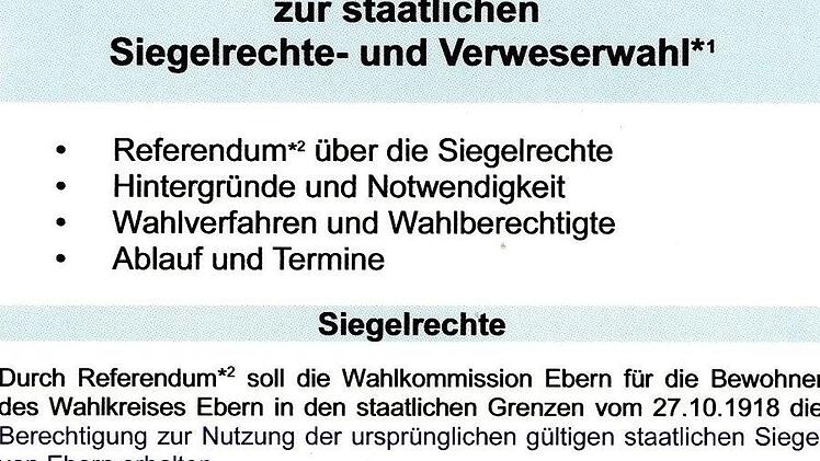 Mit diesem Pamphlet auf der Suche nach einem Reichsverweser: Eine vordergründig anonyme Wahlkommission lässt das Bezirksamt Ebern mit verquasten Argumentationen wieder aufleben. Repro: FT