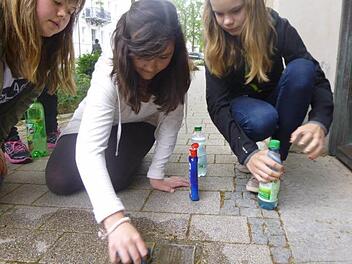 Schüler der Realschule reinigten die Stolpersteine, die in Bad Kissingen an die Opfer der Nazis erinnern. Foto: Reuter