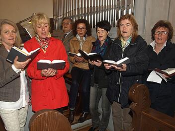 In der Kirche St. Martin fand erstmals ein Kirchensingen mit Vorstellung neuer Lieder aus dem Gotteslob statt. Unser Foto zeigt die Schola mit (von links) Sabine Werner 1, Sabine Werner 2, Alois Brunner, Magda Weber, Annemarie Hönig, Helga Schlotter und Monika Ament.  Foto: Stefan Geiger