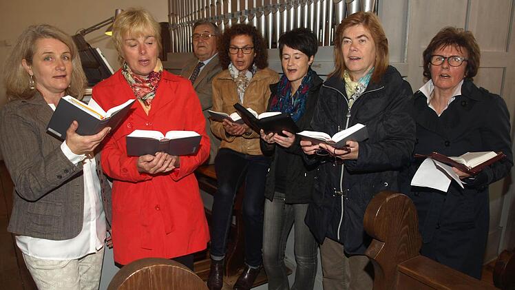 In der Kirche St. Martin fand erstmals ein Kirchensingen mit Vorstellung neuer Lieder aus dem Gotteslob statt. Unser Foto zeigt die Schola mit (von links) Sabine Werner 1, Sabine Werner 2, Alois Brunner, Magda Weber, Annemarie Hönig, Helga Schlotter und Monika Ament.  Foto: Stefan Geiger