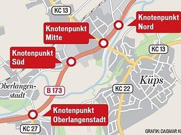 Die vier Knotenpunkte der Ortsdurchfahrt Küps. Grafik: Dagmar Klumb