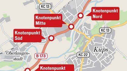 Die vier Knotenpunkte der Ortsdurchfahrt Küps. Grafik: Dagmar Klumb