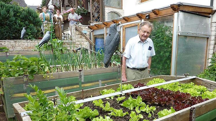 Mit seinen 82 Jahren betreut Imker Ferdinand Trebes alleine seinen Naturgarten mit alten Obstbäumen. Viel Wert legt er auf seine seniorengerechten Hochbeete.  Foto: Gerd Fleischmann