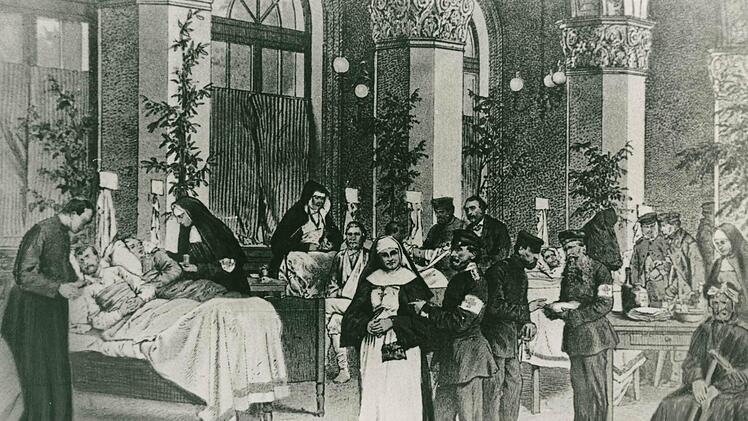 Auf diesem historischen Stich ist zu sehen, dass in Bad Kissingen die Sanitäter Armbinden mit dem Symbol des Roten Kreuzes trugen.  Foto: DRK