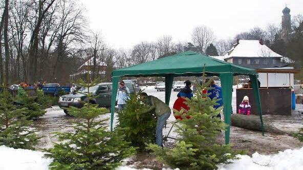 Der Parkplatz unterhalb vom Schloss diente als Verkaufsstelle. Eigentlich sollte er Verkauf im Wald stattfinden, doch die Wege waren rutschig.