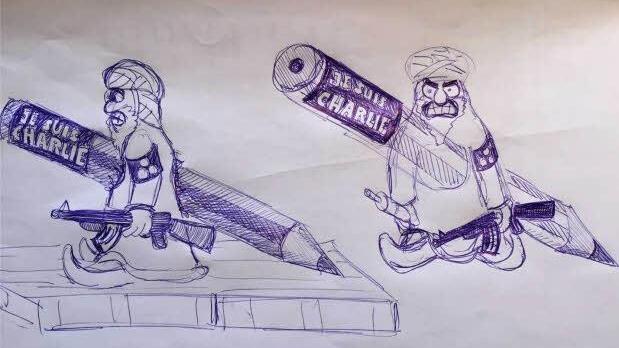 Der Entwurf für Alex' Wagen: Der Islamist wird von einem spitzen Bleistift - "der Waffe der Karikaturisten" - durchbohrt. Foto: Albert Höchstädter
