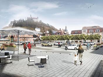So soll der neue Zentralparkplatz aussehen. An der Grabenstraße (im Hintergrund) wird eine Allee geschaffen.Visualisierung: Stadt Kulmbach