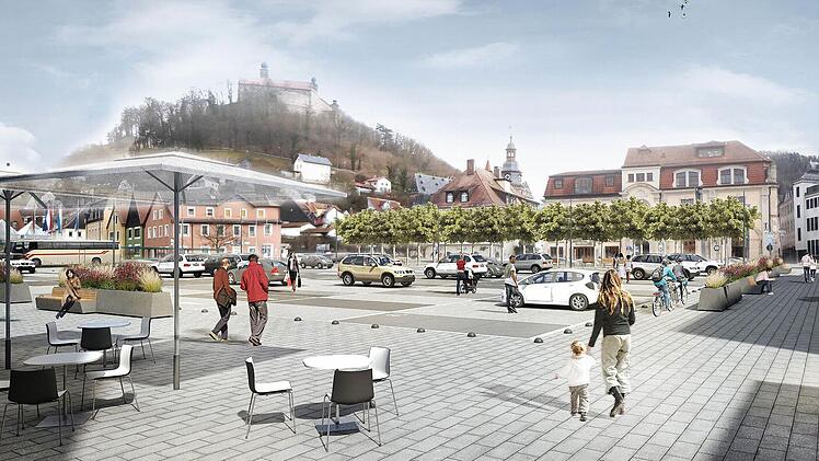 So soll der neue Zentralparkplatz aussehen. An der Grabenstraße (im Hintergrund) wird eine Allee geschaffen.Visualisierung: Stadt Kulmbach