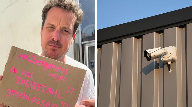 Ein Mann h&auml;lt ein Schild: "Vor&uuml;bergehend wegen zu viel Diebstahl geschlossen." Rechts eine &Uuml;berwachungskamera an einer Wand.