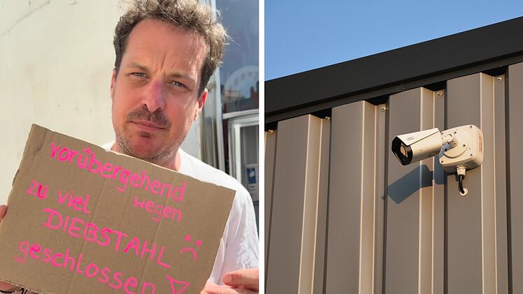 Ein Mann h&auml;lt ein Schild: "Vor&uuml;bergehend wegen zu viel Diebstahl geschlossen." Rechts eine &Uuml;berwachungskamera an einer Wand.