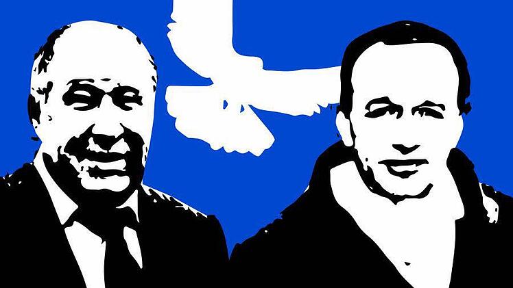 Friedensgespräche: Bürgermeister Alfred Kolenda (links) und Bäckermeister Fritz Dumler haben sich geeinigt, wie der Lärmstreit beigelegt werden kann. Grafik: Micho Haller