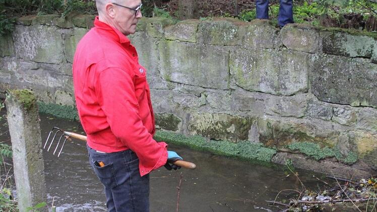 Strandgut des Bibers, das er zum Dammbau im Albersdorfer Mühlbach beim Grundstück von Eike Bruhn (im Bild) benutzte.Helmut Will