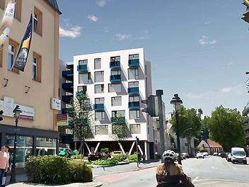 Das wird die neue Pestalozzistraße: Der historische Backsteinbau der Mälzerei Müller (vorher Petzbräu) verschwindet, dafür kommt ein Komplex mit 157 Wohnungen. Hier sieht man nur einen kleinen Teil des Megaprojekts, das sich bis zur Karl-Jung-Straße erstreckt.  Visualisierung: Drösel-Gruppe