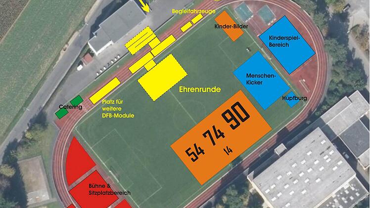 Das Karl-Reinlein-Stadion wird am 2. Juni Schauplatz der DFB-Ehrenrunde. Ein Podium, auf dem Zeitzeugen von den vergangenen WM-Titeln erzählen, eine Fan-Choreographie, ein Spielbereich für Kinder und Jugendliche sowie die Trucks des DFB mit dem WM-Pokal werden für einen ausgefüllten Tag sorgen. Grafik: TSV Ebensfeld