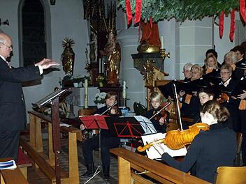Das Zusammenspiel von Streichquartett und Chor brachte einen Hörgenuss vom Feinsten. Dirigiert von Walter Klose (li) spielten von links Ulrike Speich, Vanessa Götz, Patrick Esser und Elisabeth Esser. Rechts ein Teil der Chorgemeinschaft Steinwiesen/Nurn. Fotos: Susanne Deuerling