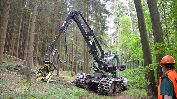 Mit einem Harvester wird zurzeit am Bausenberg Holz geerntet. Die breiten Kettenbänder, die über die Räder gezogen werden, sollen den Boden dabei schützen. Foto: Rainer Lutz