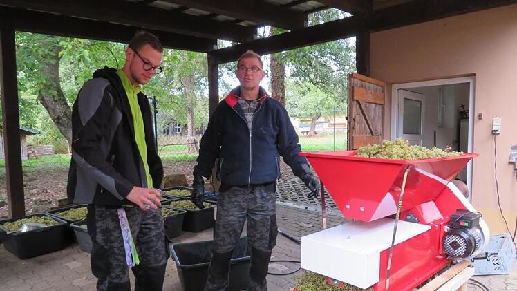 Rafael (links) und Vater Jürgen Schneidawind sn der Ab-Beer Maschine. Sie befreit die Trauben von den Stengeln. Fotos: Monika Schütz