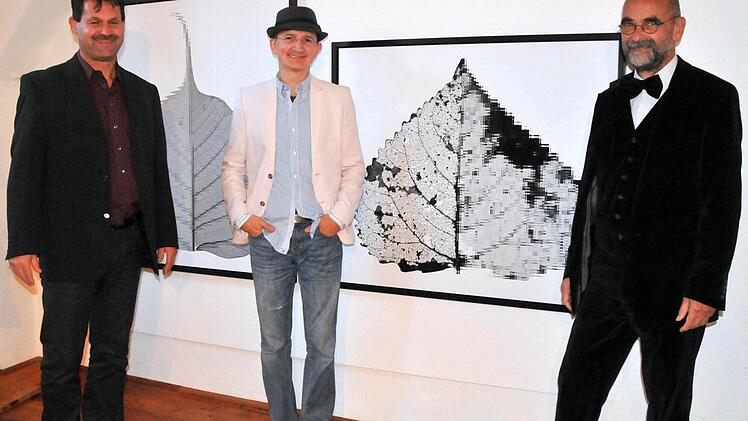 Bei der Ausstellungser&ouml;ffnung (von links): Knetzgaus Dritter B&uuml;rgermeister Bernhard Jilke, Horst Ziegler und Galerist Egon Stumpf.