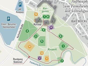Von 11.30 -15.45 Uhr ist am 19.9. in Bad Bocklet Familientag. Die Stationen: "Leben im Felde" (1), Überwinden eines Seilsteges (2), Statische Waffenschau (3), Statische Fahrzeugschau (4), Vorführung Diensthunde und Nahkampf (5), Sonderfeldpostamt (6), Ausstellung "Aufstand des Gewissens" (7), Fotowand (8), Bundeswehr Informationsfahrzeug (9), Tagesverpflegung (10), Feldgottesdienst (11), Mittagsverpflegung (12), Platzkonzert des Heeresmusikkorps Veitshöchheim (13), Vereidigungsaufstellung  u...