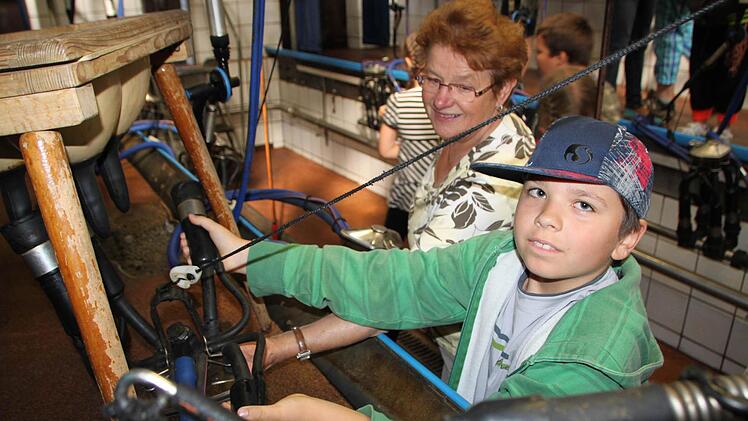 v.l. Rita Jörg erklärt Jan Greming, wie die Kühe gemolken werden.