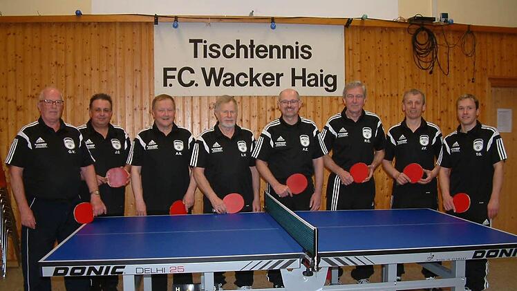 Die Herren des FC Wacker Haig haben als Meister der 3. Kreisliga Ost den sofortigen Wiederaufstieg in die 2. Kreisliga geschafft. Unser Bild zeigt das Meisterteam mit (von links) Georg Vorndran, Hans-Jürgen Greiner, Andreas Nickol, Lothar Vogel, Armin Zwingmann, Reinhard Conradi, Jürgen Ferner und Abteilungsleiter Tobias Gebhardt. Foto: Hans Franz