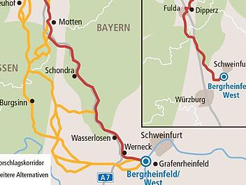 Auf Tuchfühlung geht der Trassenkorridor der geplanten Fulda-Main-Leitung in allen drei Ortsteilen der Gemeinde Motten (rot Vorschlagskorridor, gelb Alternativen). Die Bürger sind aufgerufen, Stellungnahmen dagegen bei der Bundesnetzagentur einzureichen. Quelle Tennet/MP-Grafik: Marina Burger