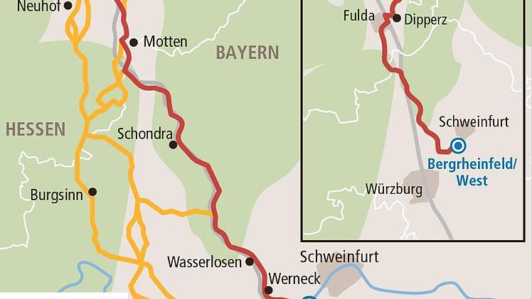 Auf Tuchfühlung geht der Trassenkorridor der geplanten Fulda-Main-Leitung in allen drei Ortsteilen der Gemeinde Motten (rot Vorschlagskorridor, gelb Alternativen). Die Bürger sind aufgerufen, Stellungnahmen dagegen bei der Bundesnetzagentur einzureichen. Quelle Tennet/MP-Grafik: Marina Burger