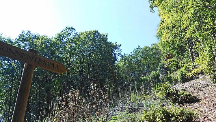 Der Sonnentempel liegt an einem steilen Hang, an dem derzeit viele Meter hohe Königskerzen wachsen. Foto: Katrin Geyer