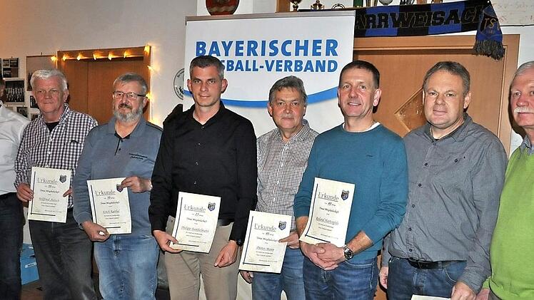 Die geehrten Jubilare des TSV erhielten von Vorstandsmitglied Georg Reinwald (links) Urkunden und Ehrennadeln. Weiter von links: Wilfried Autsch, Erich Raithel, Philipp Barthelmann, Dieter Mann, Roland Hartenfels, Klaus Stöhr und Emil Barthelmann  Fotos: Simon Albrecht