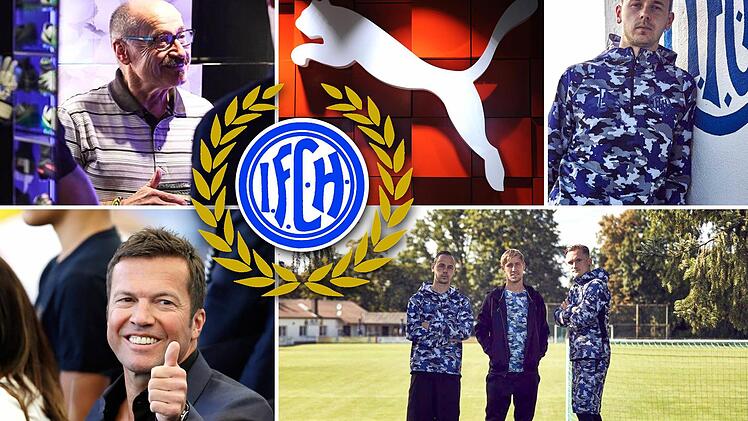 Senior Advisor Helmut Fischer (links oben) ist der Kooperationsverantwortliche für Puma und dem 1. FC Herzogenaurach. Das Camouflage-Design für die Kollektion Puma x 1. FC Herzogenaurach zeigt unter anderem geografische Umrisse vom Landkreis Erlangen Höchstadt und trägt das Logo des Vereins. Lothar Matthäus findet diese Verbindung super und will sich künftig persönlich noch mehr für seinen Jugendverein in seiner Heimatstadt unter anderem als Jugendtrainer einsetzen. Collage: Stefan Reinmann