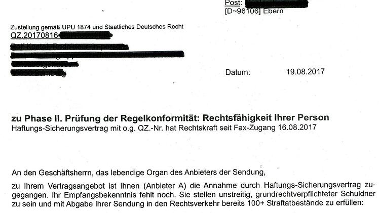 Mit solchen Vorwürfen werden von einem vermeintlichen Reichsbürger aus Ebern mehrere Persönlichkeiten seit Beginn der Flugblatt-Initiative überzogen. Bei der Bundesregierung in Berlin weiß man: Die Masche ist nicht neu. Repro: FT
