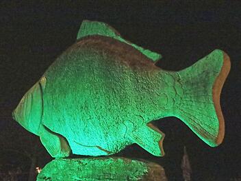 Der steinerne Karpfen in Höchstadt wird am "Paddy's Day" grün angestrahlt. Foto: Johanna Blum