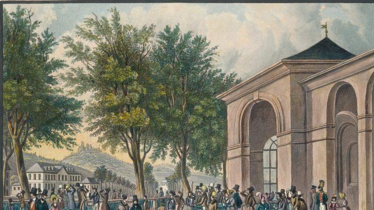 Der Kurgarten um 1824 nach Fritz Bamberger mit der Burgruine Botenlauben im Hintergrund.Quelle: Stadtarchiv Bad Kissingen/Sammlung Reinisch