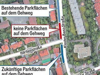 Die Grafik zeigt oben quer die Dürrwächterstraße, unten die Härtleinstraße und ein Stück der Pödeldorfer Straße. Grau sind die Schilder, wo das Gehwegparken bereits erlaubt ist. Das blaue Schild zeigt, wo dies in Zukunft zusätzlich möglich sein soll. FT-Grafik: Klaus Heim