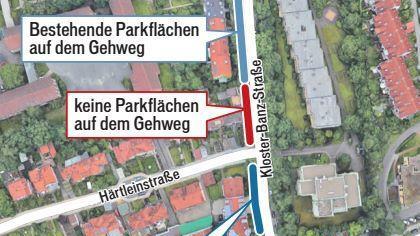 Die Grafik zeigt oben quer die Dürrwächterstraße, unten die Härtleinstraße und ein Stück der Pödeldorfer Straße. Grau sind die Schilder, wo das Gehwegparken bereits erlaubt ist. Das blaue Schild zeigt, wo dies in Zukunft zusätzlich möglich sein soll. FT-Grafik: Klaus Heim