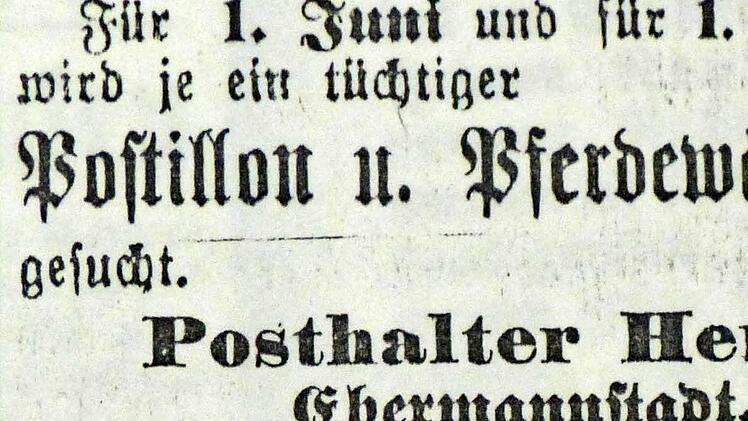 Wohl auch mit Blick auf den königlichen Besuch suchte der Ebermannstädter Posthalter einen Postillon und einen Pferdewärter. Anzeige aus dem Wiesent-Boten vom 23.05.1908 (Repro Franze)