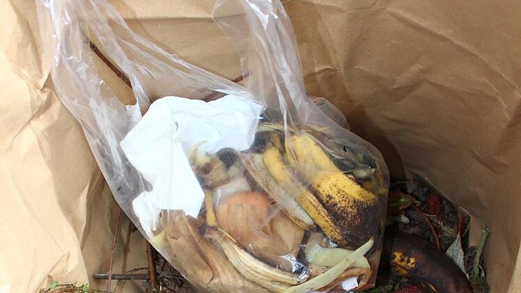 Halb richtig, halb falsch: Der Papiersack in der Biotonne zur Reinhaltung geht in Ordnung - dass aber Bananenschalen und Kaffeesatz samt Plastik weggeworfen werden, ist nicht im Sinn des Erfinders.Jochen Nützel